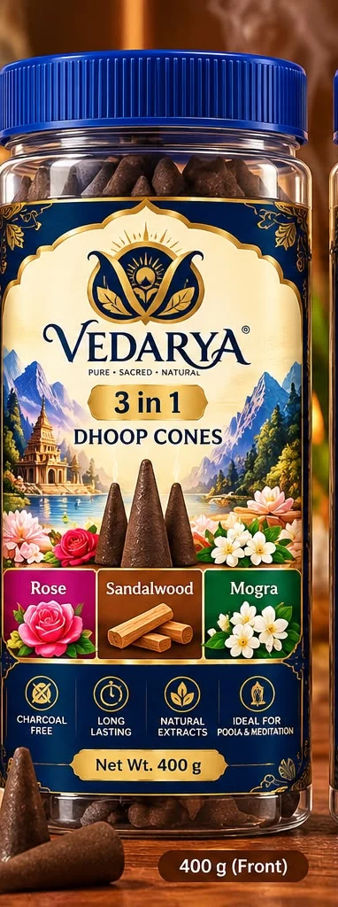 VEDARYA Dhoop Cones · 3 in 1 front packaging