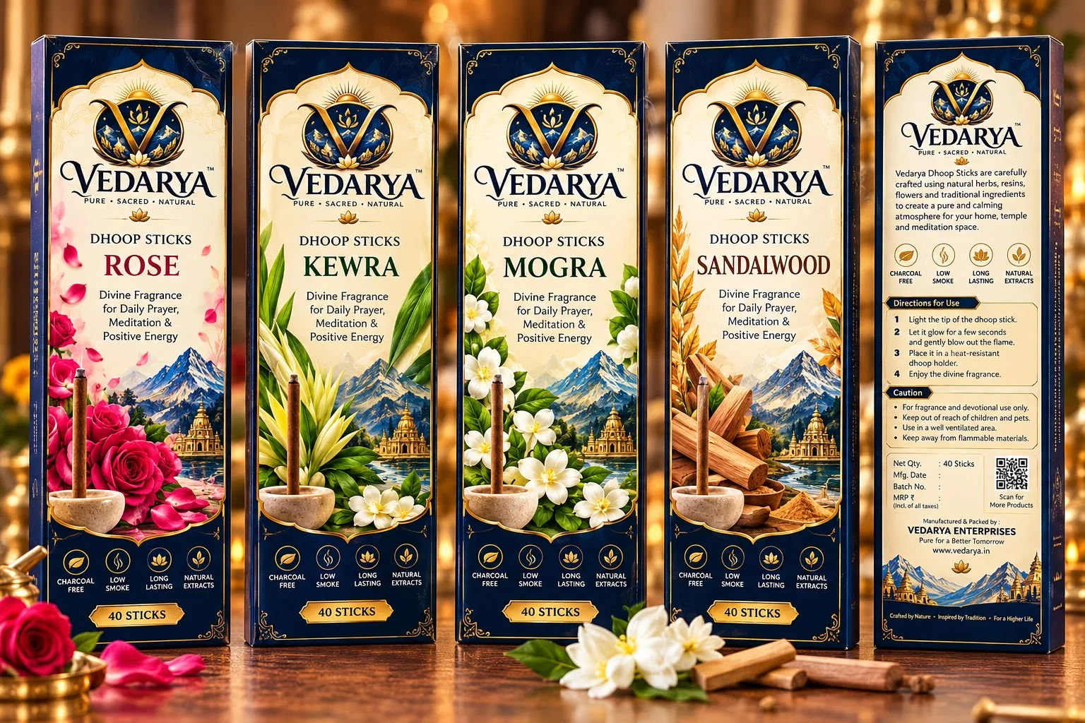 Vedarya premium Rose Kewra Mogra Sandalwood dhoop stick packaging