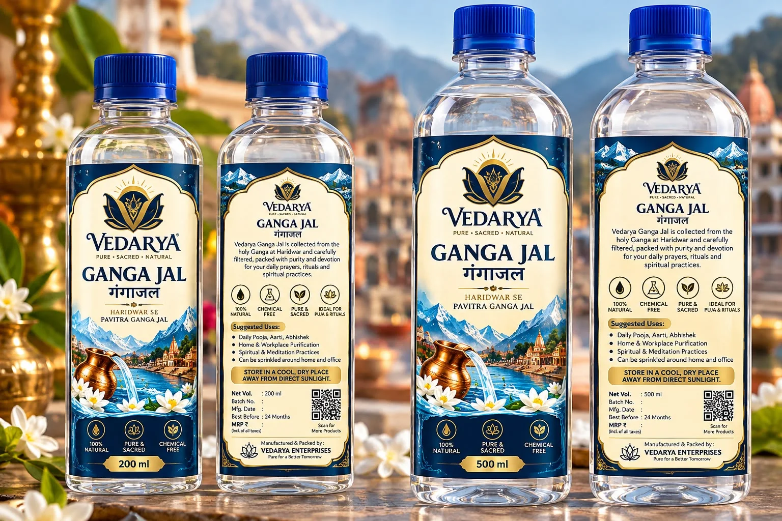 VEDARYA Gangajal 200 ml and 500 ml with front and back labels